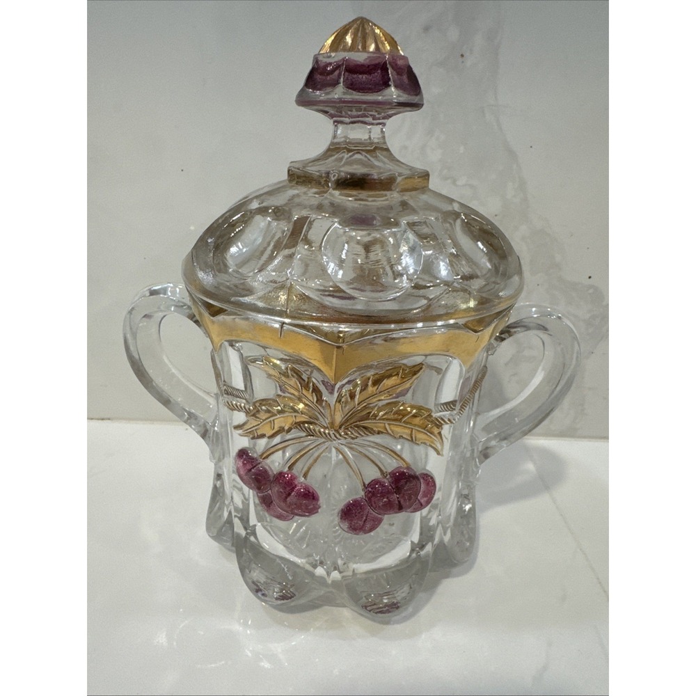 Vintage Northwood Mosser Glass Cherry and Cable Clear Ruby Sugar Bowl and Lid